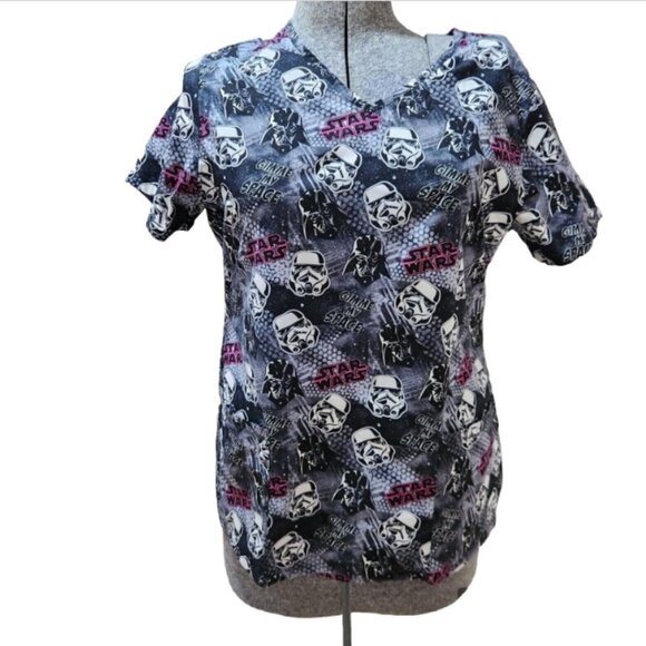 Scrub Nursing Top Lot of 2 Womens Med. Star Wars & 101 Dalmatians Uniforms - Picture 9 of 15